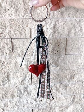 Bag charm key chain Red Heart with Pearl & Floral Tassels